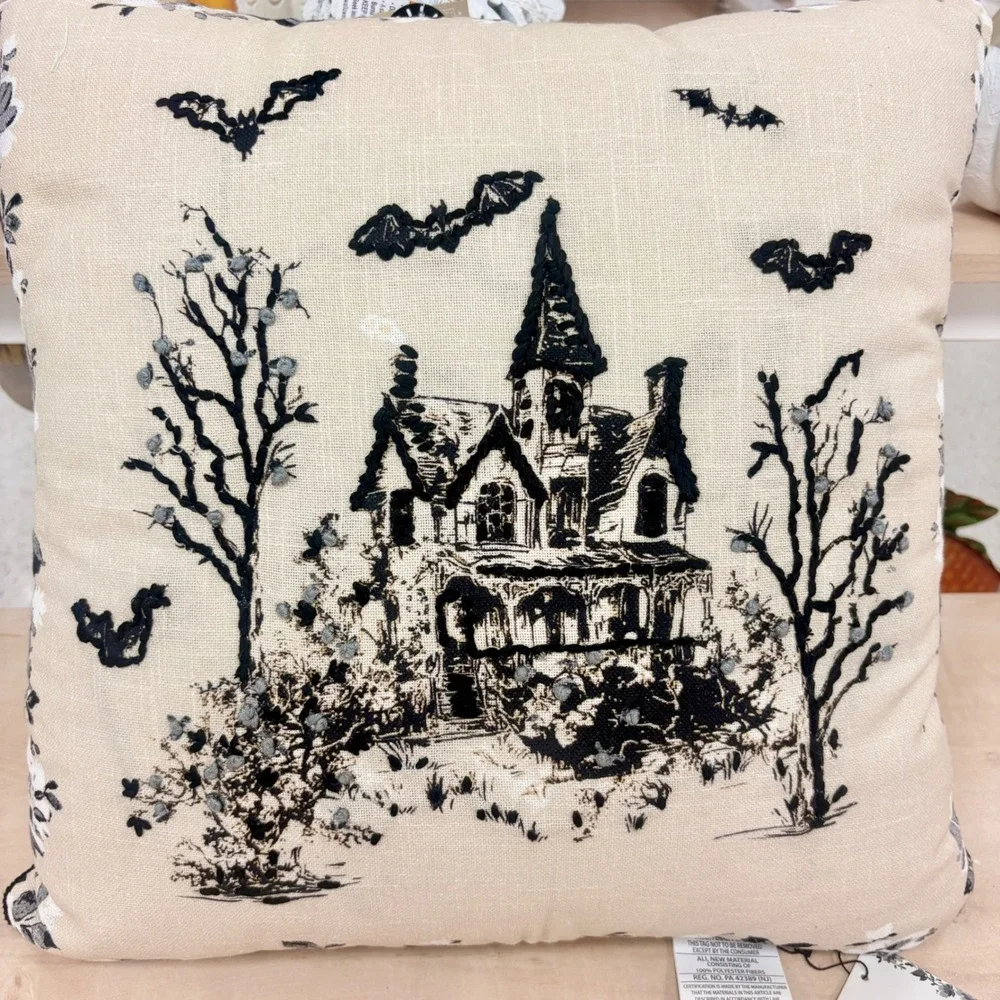 Laura Ashley Chedwell Haunted House Embroidered Decorative Pillow Halloween